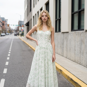 Light Sage Green Floral Gown w/Square Neckline, Size 14
