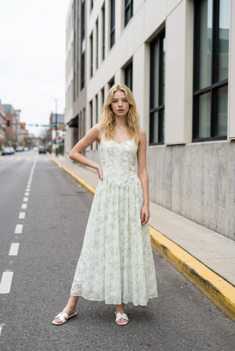 Light Sage Green Floral Gown w/Square Neckline, Size 14