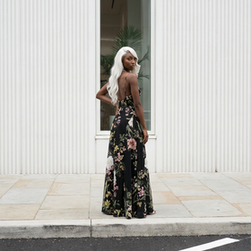 Black Satin Floral Gown w/Adjustable Criss-Cross Strap Back, Size XL