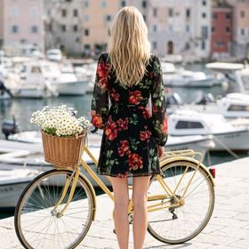 Black Faux-Wrap Floral Dress with Long Sleeves & Tie Waist, Size S