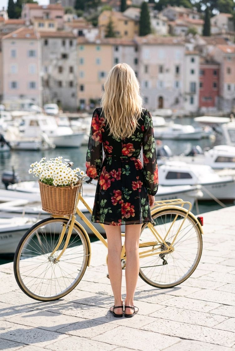 Black Faux-Wrap Floral Dress with Long Sleeves & Tie Waist, Size S
