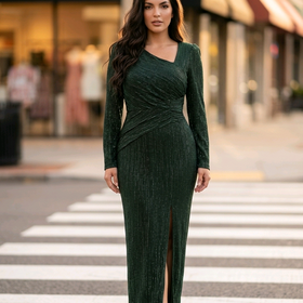 Betsy & Adam Black and Green Metallic Gown with Long Sleeves, Size 14
