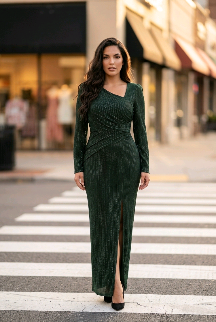 Betsy & Adam Black and Green Metallic Gown with Long Sleeves, Size 14