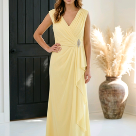 Yellow Gown with Ruching & Brooch at Waist, Corset Back, Size 12