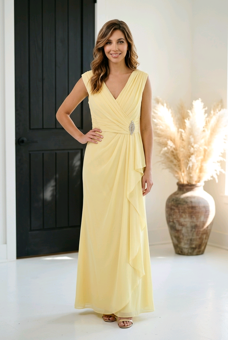 Yellow Gown with Ruching & Brooch at Waist, Corset Back, Size 12