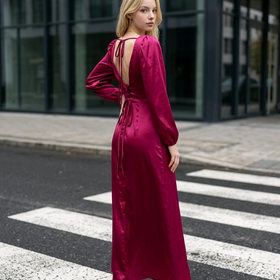 Burgundy Satin Faux-Wrap Gown with Long Sleeves, Size 18W