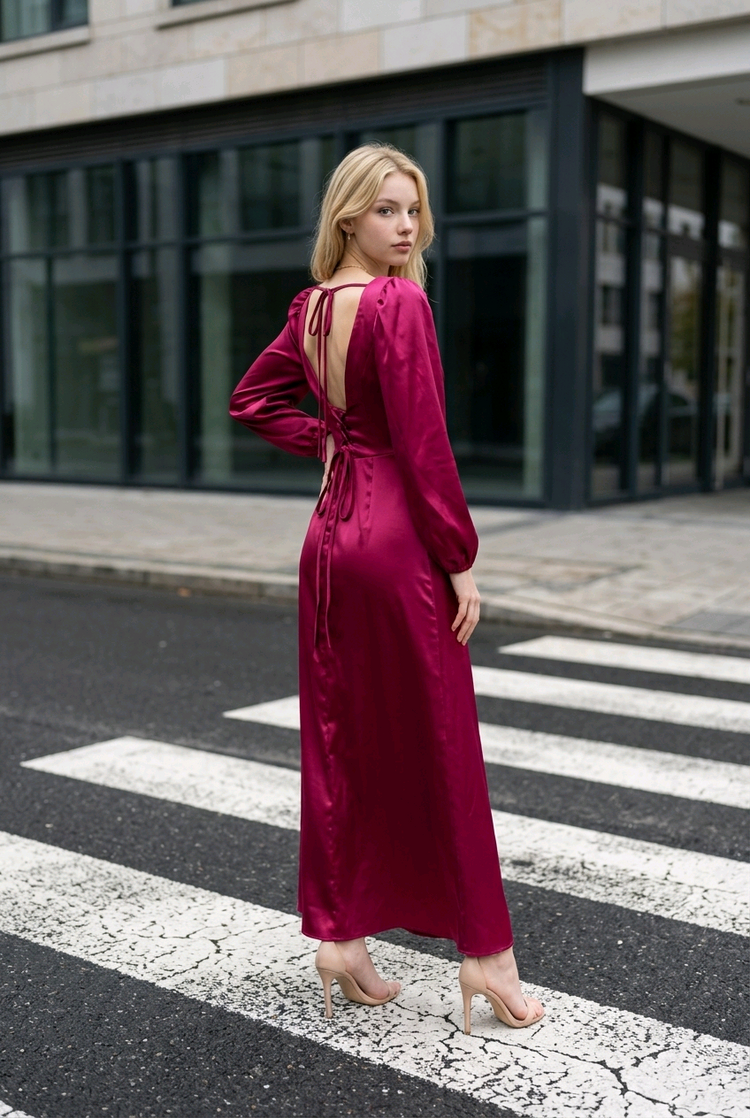 Burgundy Satin Faux-Wrap Gown with Long Sleeves, Size 18W