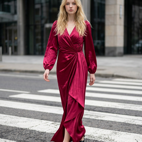 Burgundy Satin Faux-Wrap Gown with Long Sleeves, Size 18W