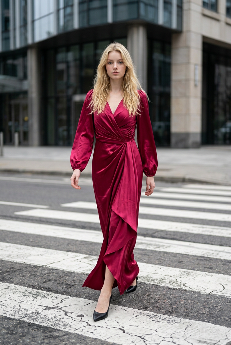 Burgundy Satin Faux-Wrap Gown with Long Sleeves, Size 18W