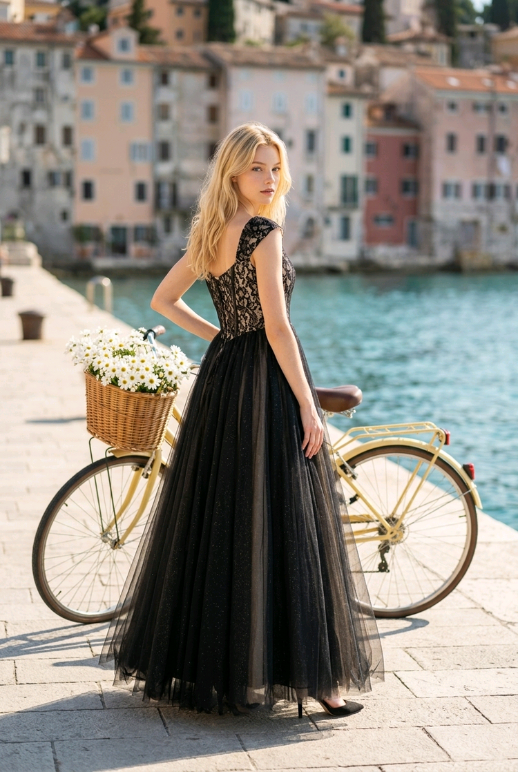 Black Lace Corset Gown with Nude Underlay, Size XL