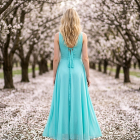 Aqua Blue Chiffon Gown with Front Slit & Corset Back, Size 16