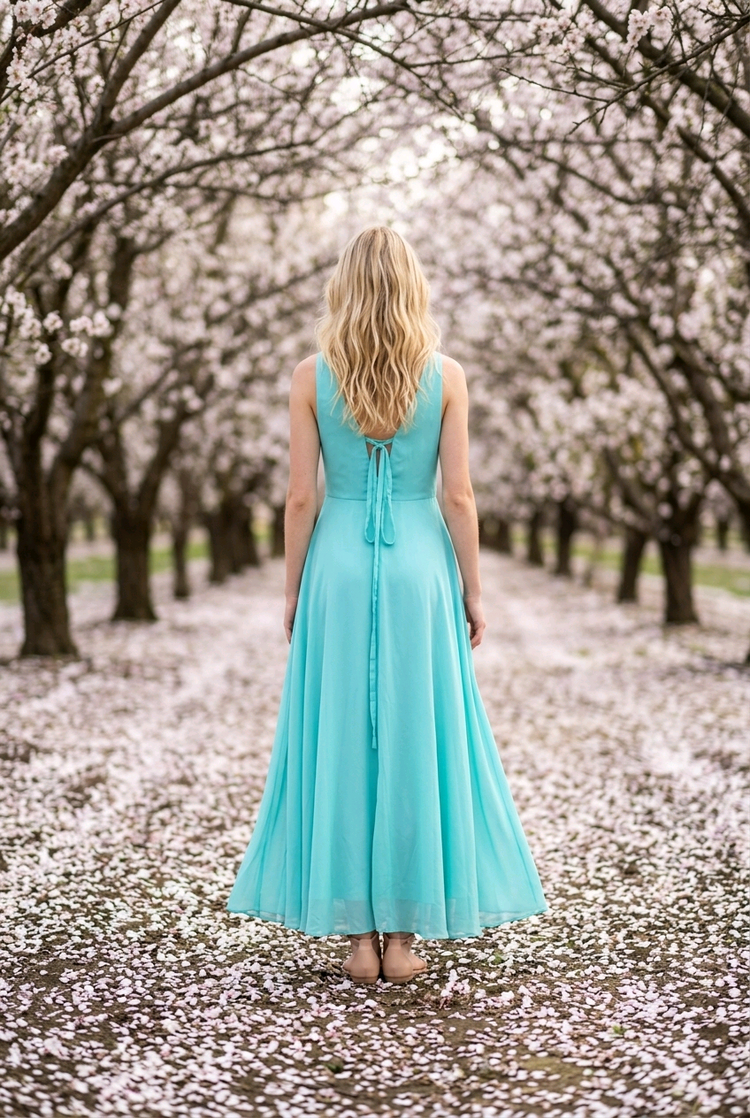 Aqua Blue Chiffon Gown with Front Slit & Corset Back, Size 16