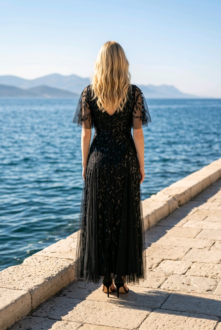 Black Sequin and Leaves Embellished Overlay Gown, Size 22