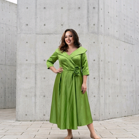 Lime Green Satiny Gown with Portrait Collar and Flower Detail, Size 22