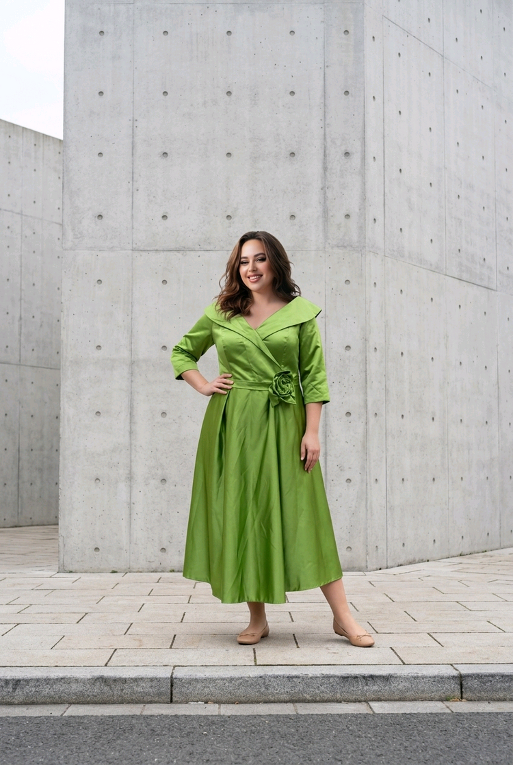 Lime Green Satiny Gown with Portrait Collar and Flower Detail, Size 22