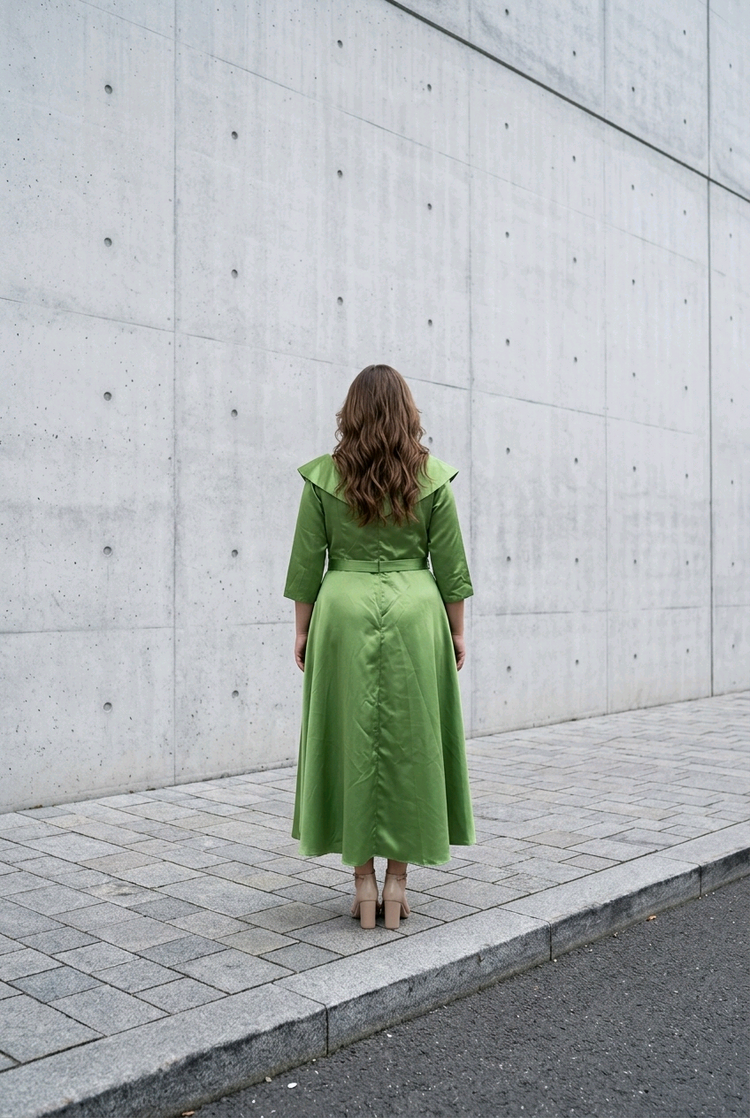 Lime Green Satiny Gown with Portrait Collar and Flower Detail, Size 22