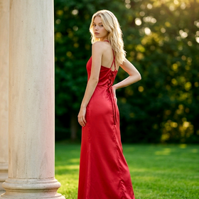 Red Satin Gown with Side Ruching & Corset Back, Size 12