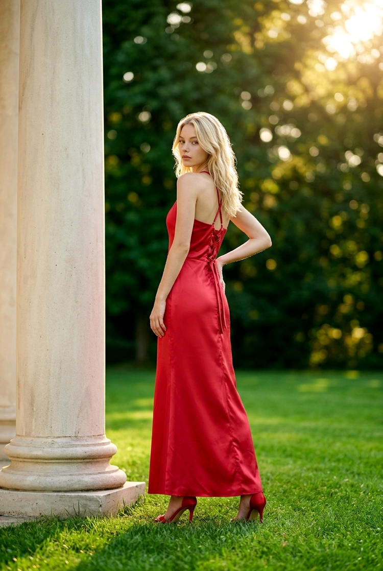 Red Satin Gown with Side Ruching & Corset Back, Size 12