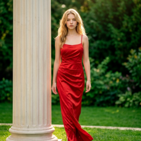 Red Satin Gown with Side Ruching & Corset Back, Size 12