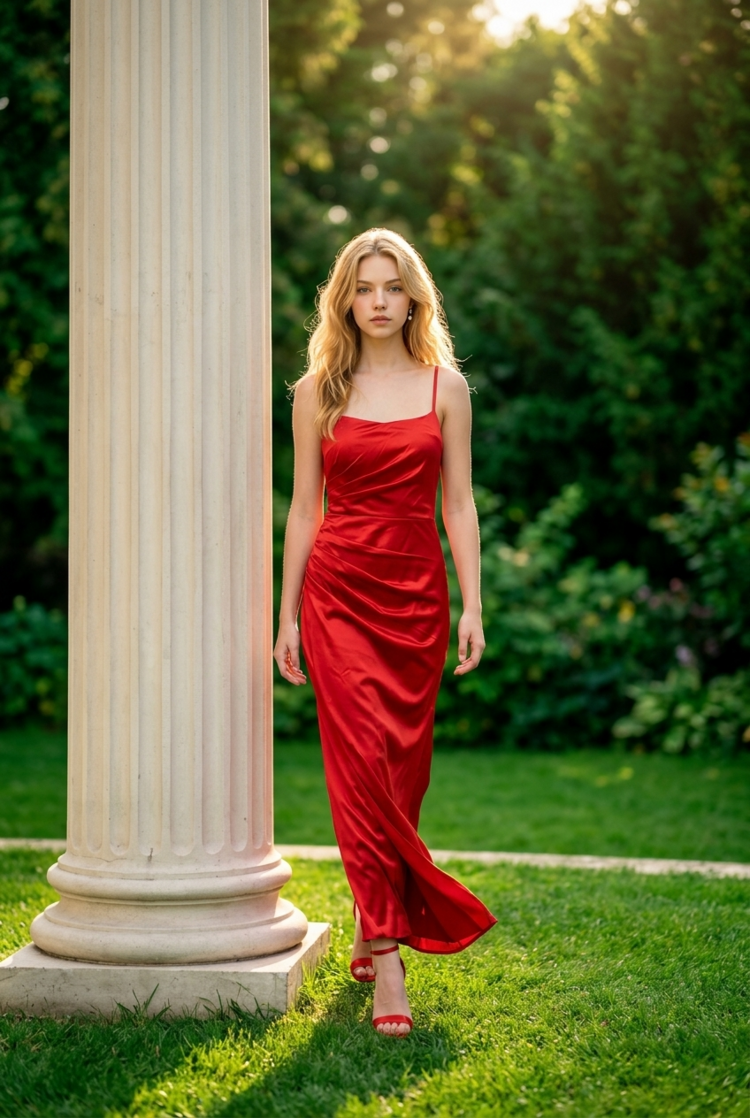 Red Satin Gown with Side Ruching & Corset Back, Size 12