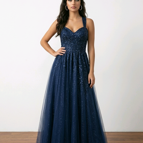 Navy Blue Corset Gown with Lace Applique, Size 16