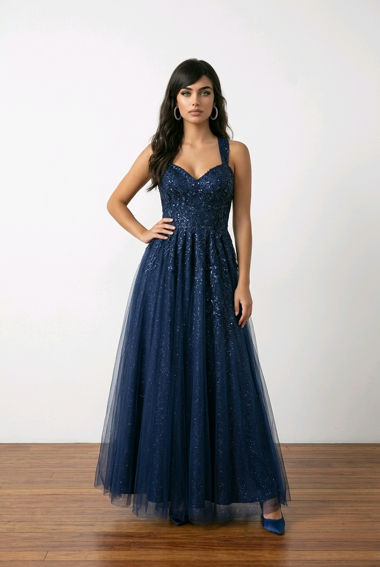 Navy Blue Corset Gown with Lace Applique, Size 16