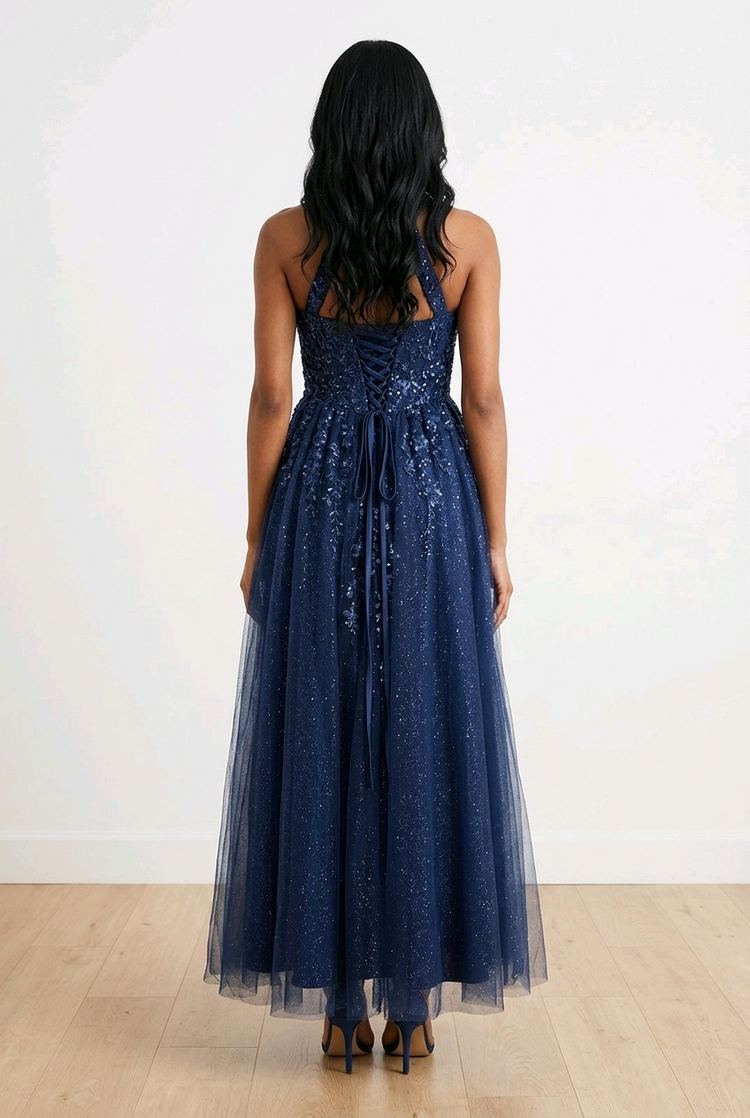 Navy Blue Corset Gown with Lace Applique, Size 16