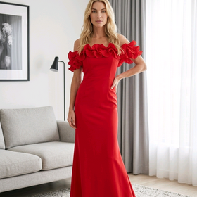 Mac Duggal Red Off-Shoulder Gown with Ruffled Neckline, Size 12