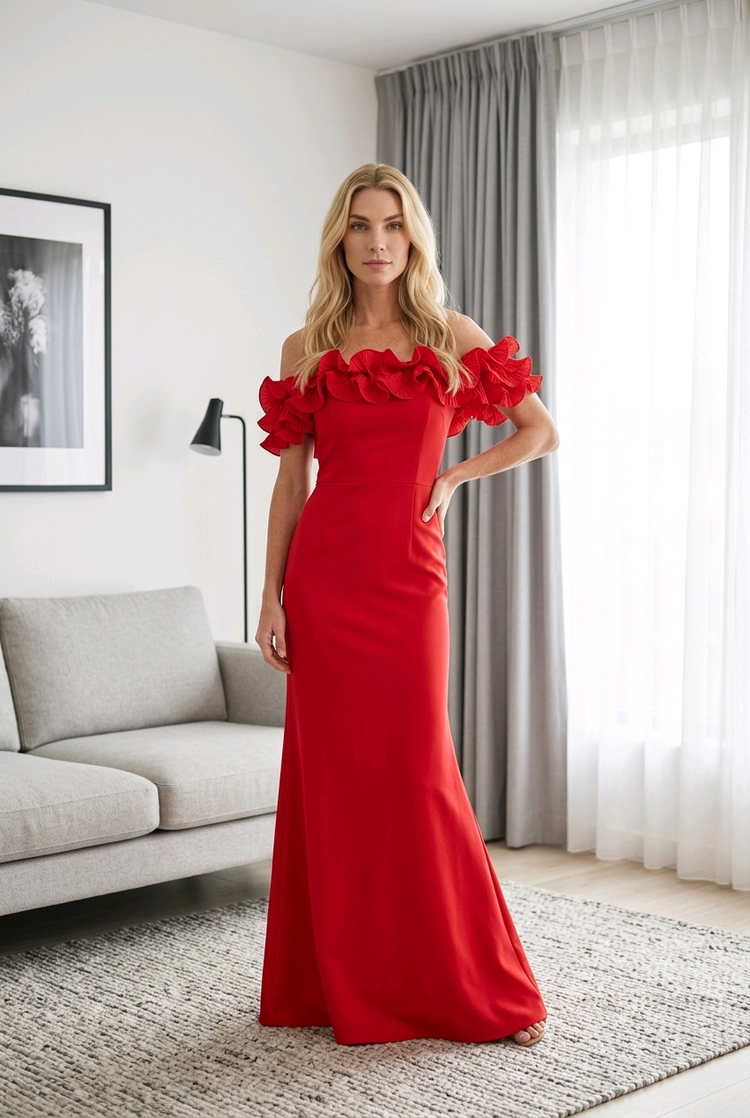 Mac Duggal Red Off-Shoulder Gown with Ruffled Neckline, Size 12