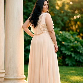 Champagne Gown with Ivory Beaded Bodice, Size 26