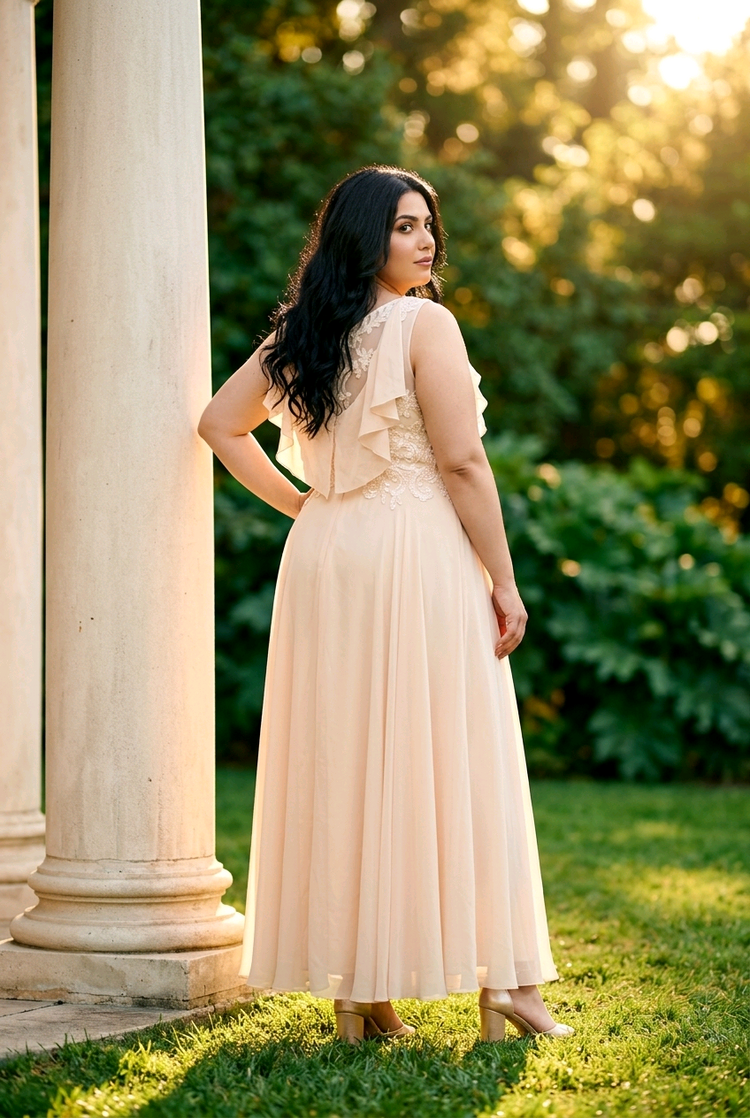 Champagne Gown with Ivory Beaded Bodice, Size 26