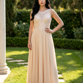 Champagne Gown with Ivory Beaded Bodice, Size 26