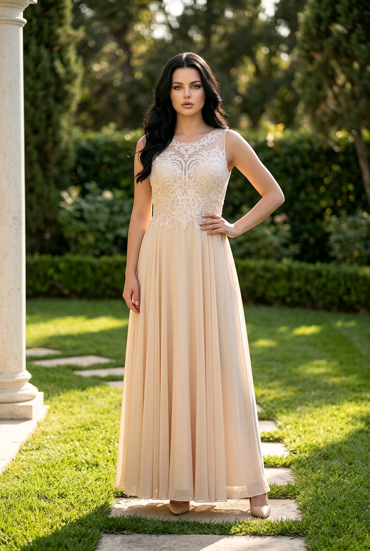 Champagne Gown with Ivory Beaded Bodice, Size 26