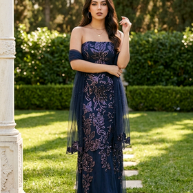 Navy Blue Gown w/Sequin Flowers, Slit, & Matching Wrap, Size 14