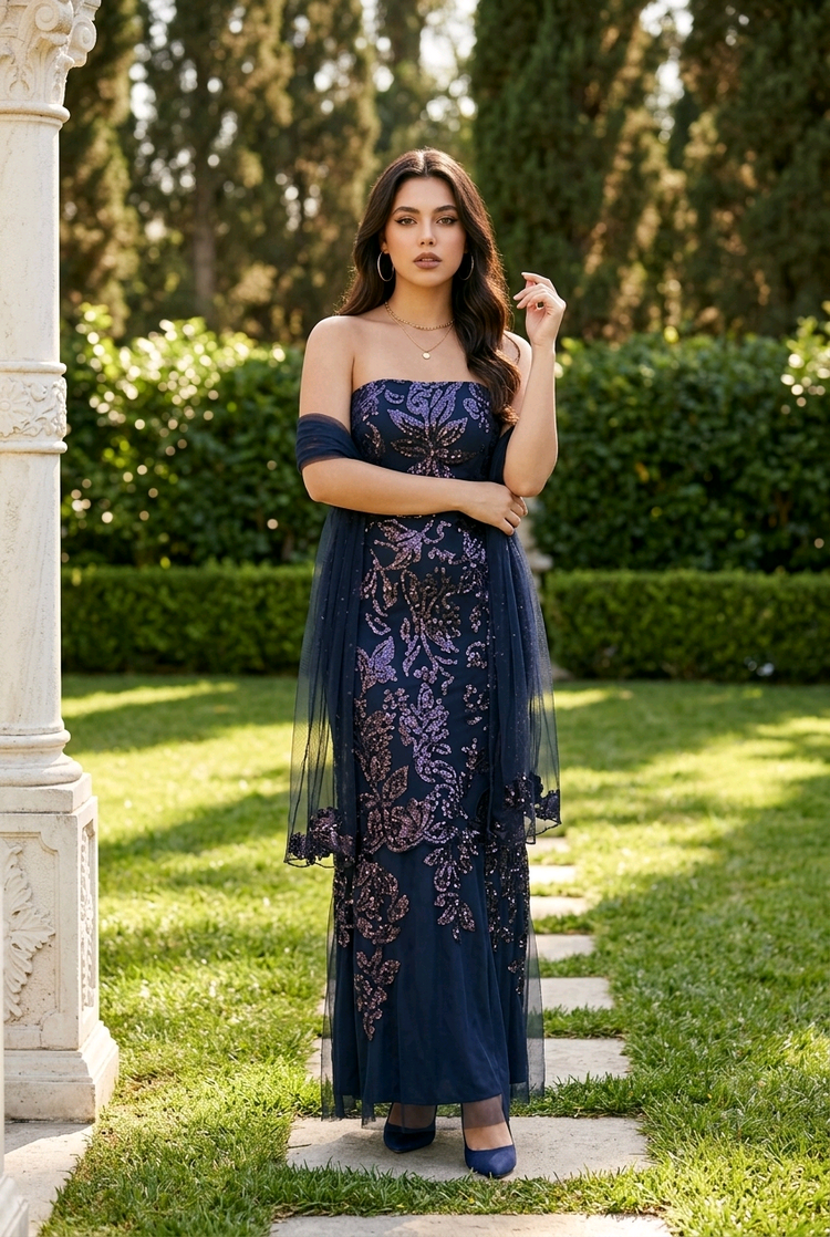 Navy Blue Gown w/Sequin Flowers, Slit, & Matching Wrap, Size 14
