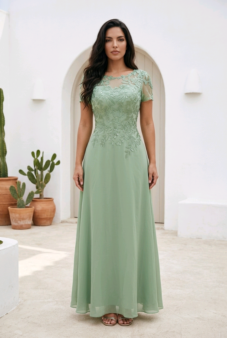 Celery Green Gown with Sequined Embroidery Bodice, Size 6