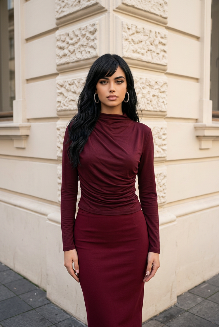 Burgundy Top with Ruched Shoulders, Size L