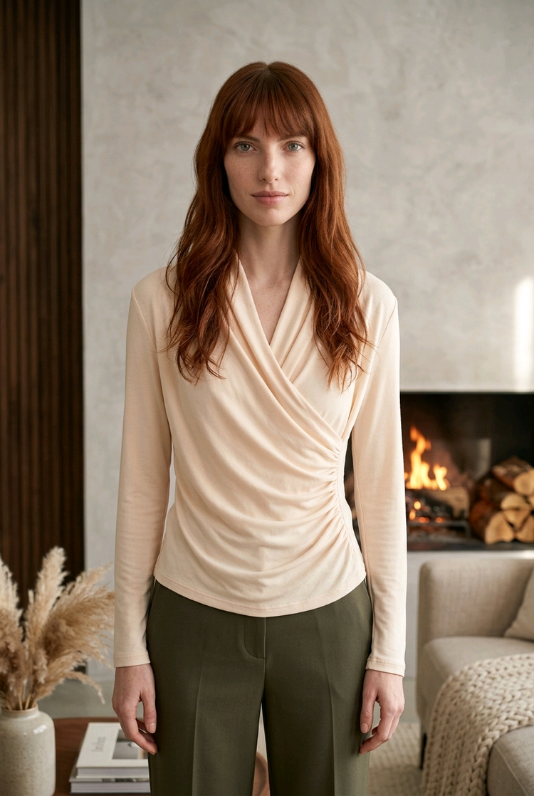 Beige Wrap Style Top, Size M
