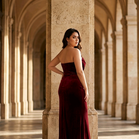Red Velvet Corset Front Strapless Velvet Gown, Size 3X