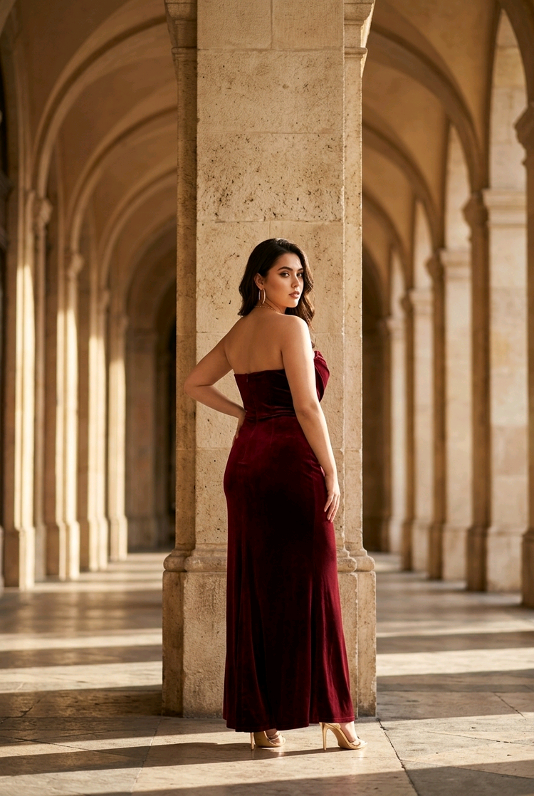 Red Velvet Corset Front Strapless Velvet Gown, Size 3X