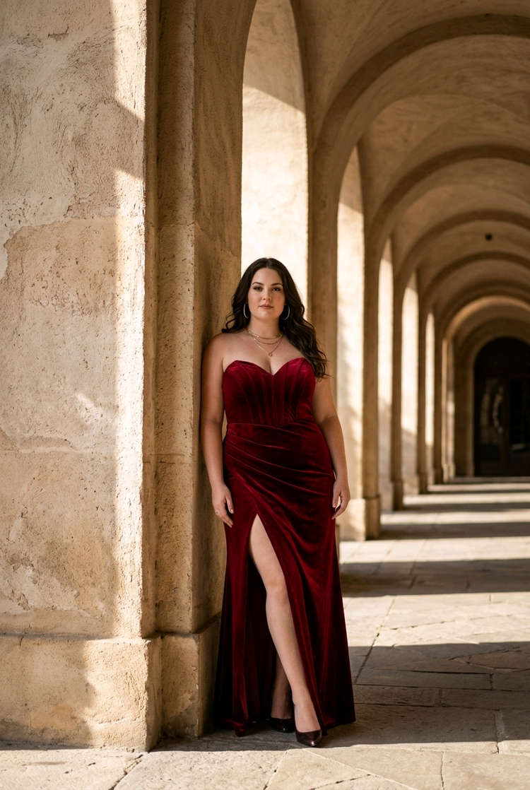 Red Velvet Corset Front Strapless Velvet Gown, Size 3X