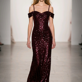 Deep Burgundy Cold Shoulder Sequin Gown with Lace-Up Back, Size 0
