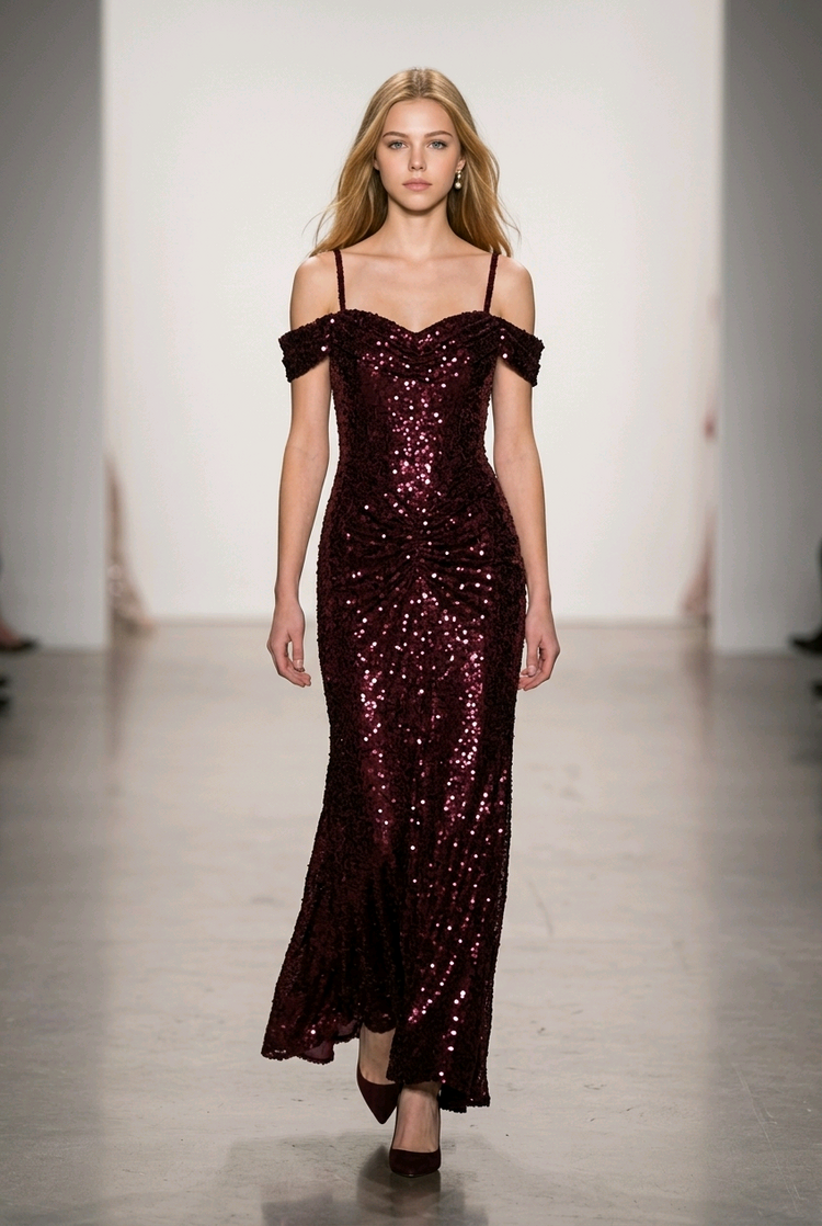 Deep Burgundy Cold Shoulder Sequin Gown with Lace-Up Back, Size 0