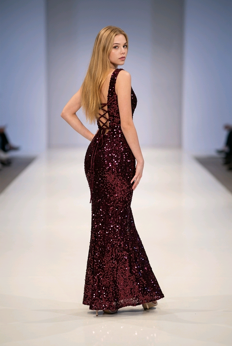 Deep Burgundy Cold Shoulder Sequin Gown with Lace-Up Back, Size 0