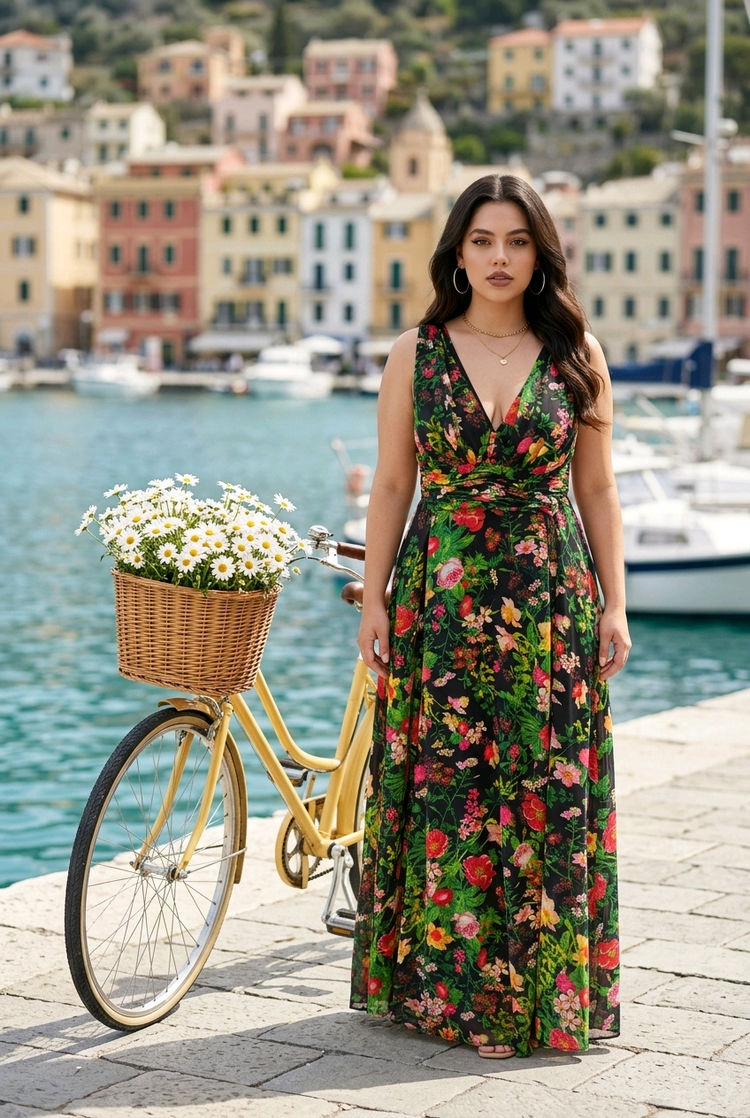 Black Floral Print Double V Gown with Pockets, Size 20