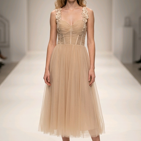 Taupe Tulle Dress with Corset Lace Up Bodice  and #D Floral Straps, Size L