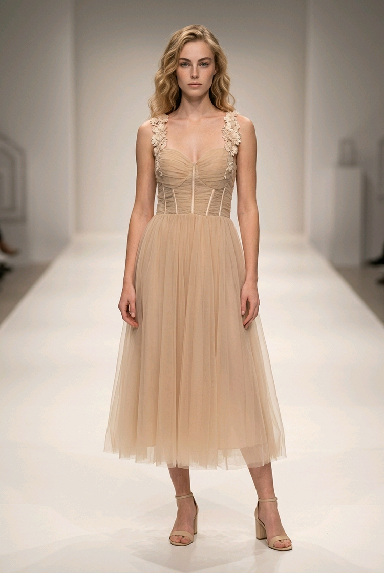 Taupe Tulle Dress with Corset Lace Up Bodice  and #D Floral Straps, Size L