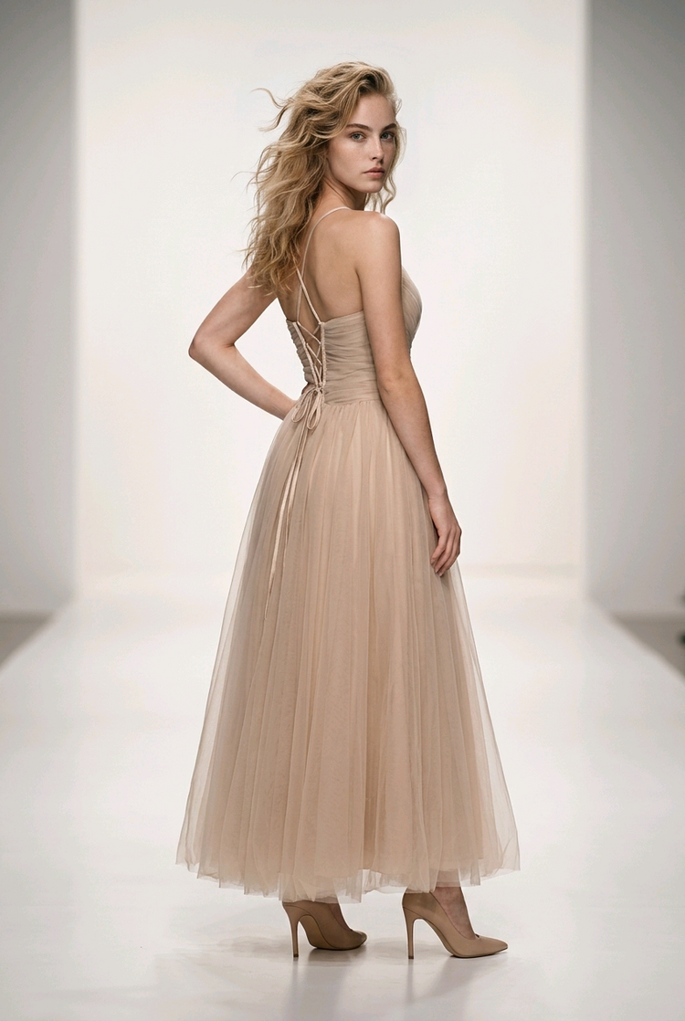 Taupe Tulle Dress with Corset Lace Up Bodice  and #D Floral Straps, Size L