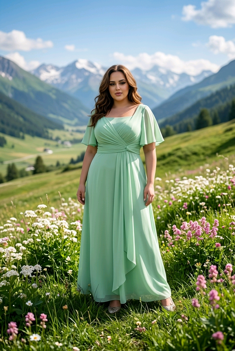 Celery Green Ruched Bodice Lace Up Back Flowy Gown, Size 20