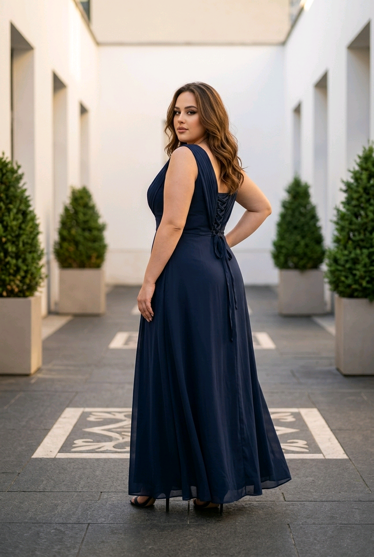 Navy  Ruched Bodice Gown with Lace Up Back, Size 20